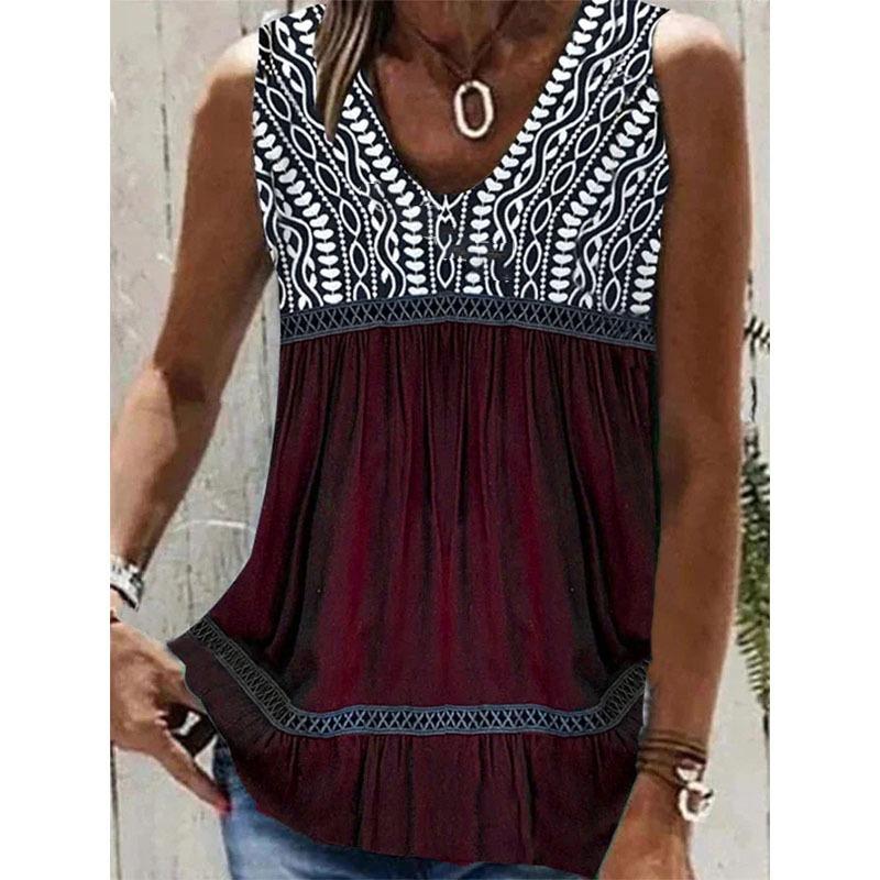 Summer Lace Patchwork Sleeveless Loose Blouse Women Tops V Neck Pleated Elegant Plus Size Shirts for Women Fashion Print Simple Blouses 24530