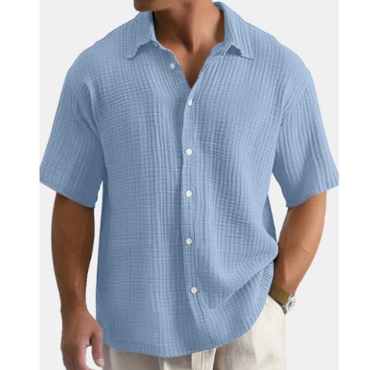 Sommar Lös Ledig Enfärgad Herrskjorta med Korta Ärmar