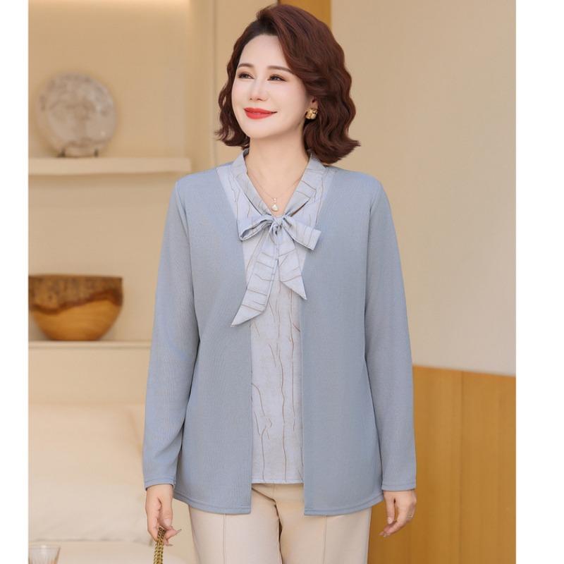 Mom spring and autumn knitted bottoming shirt spring top fashion fake two-piece fashion year-old women's clothing