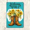 1PC 2D Flat Metal Tin Sign, Welcome Y'all Cowboy Boots Sunflower Wall Decor, Rustic Farmhouse 12x8 Inch Iron Plaque