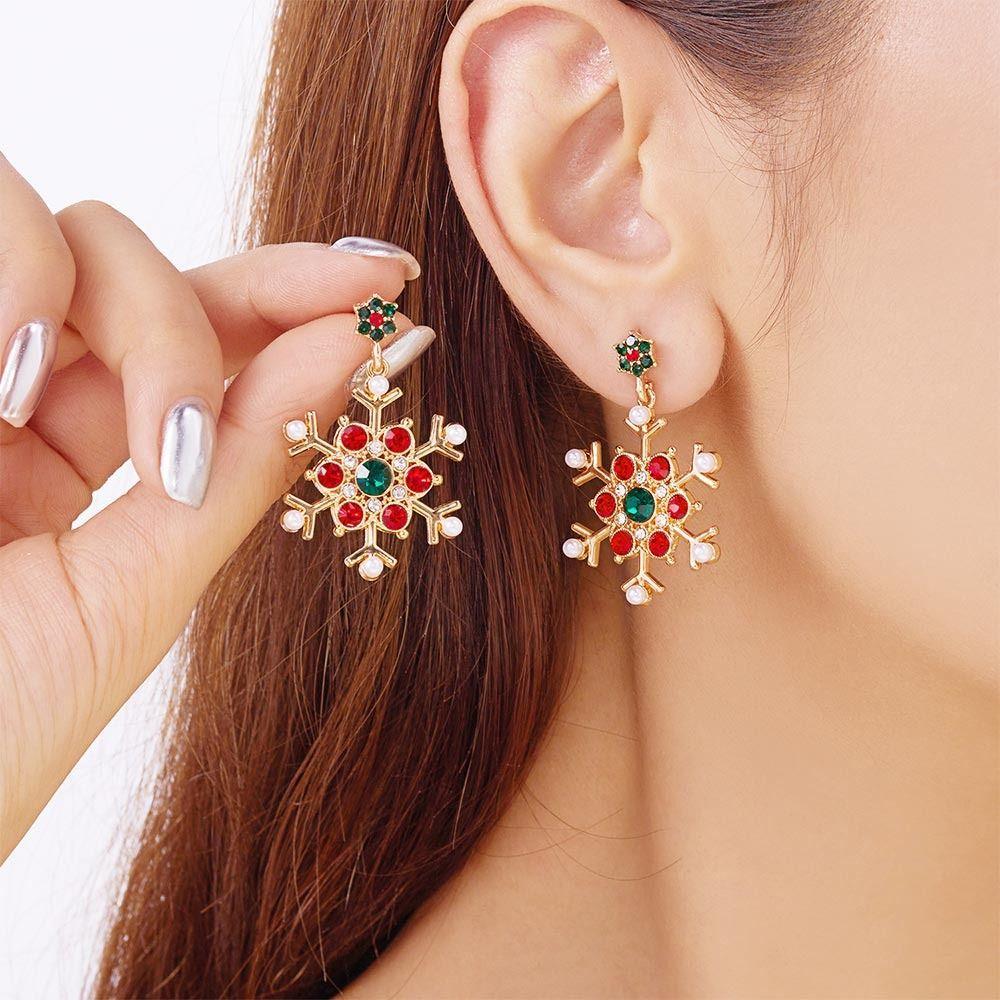 Crystal Zircon Pearl Christmas Stud Earrings Snowflake Long Tassel Earring  Party Accessories