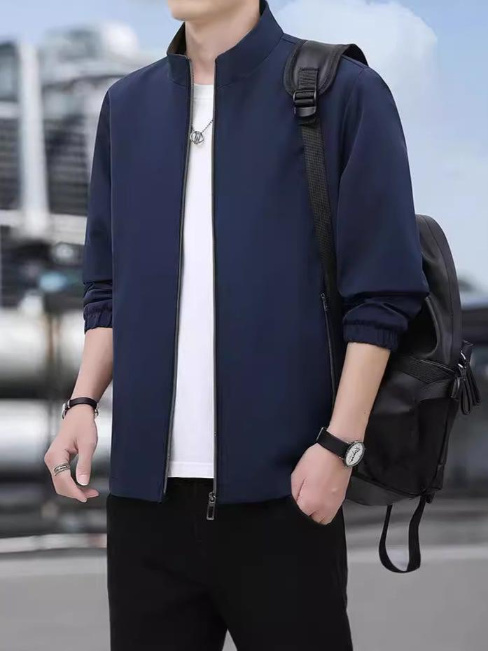2024 Men's Solid Color Stand Collar Casual Jacket for Spring & Autumn - Middle-aged, Business Casual Outerwear