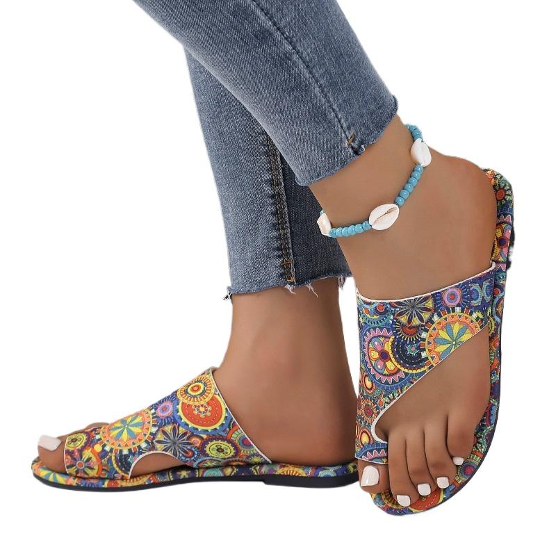 Fashion Plus Size 2025 Summer Women’s Open Toe Slippers Outdoor Casual Print Flat with Thong Sandal for Comfortable Daily Beach Slippers