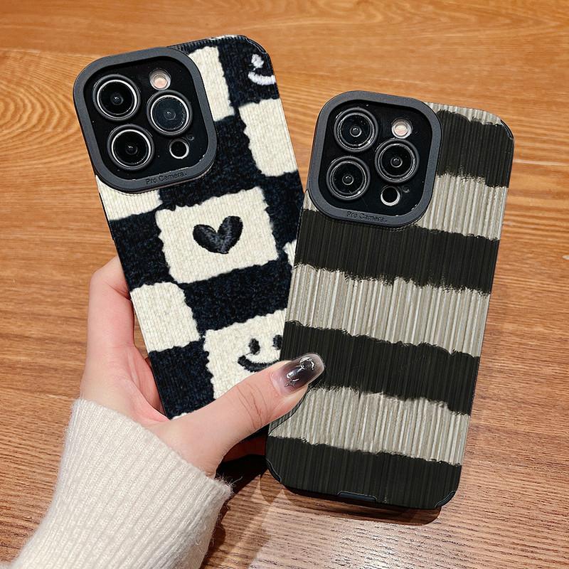 Vertical Grain Leather Shell Cute Love Printed Cover Patterned Soft Silicone Case with Camera Lens Full Protection for iPhone