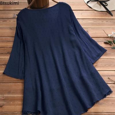 Dames Katoen Linnen Blouse Tops Mode Kant Holle V-hals Shirt Dames Retro 3/4 Mouw Losse Casual Tops Plus Size
