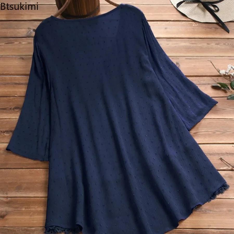 Women's Cotton Linen Blouse Tops Fashion Lace Hollow Out V-neck Shirt Ladies Retro 3/4 Sleeve Loose Casual Tops Plus Size