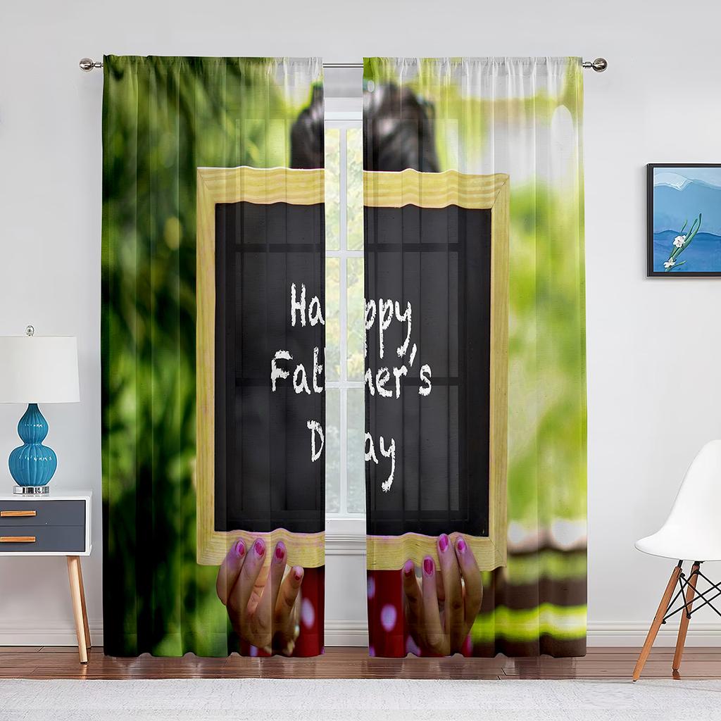 Happy Father‘s Day Sheer Voile Curtain Ocean Beach Sunset Kids Silhouettes Window Tulle Curtains for Living Room Bedroom Decor