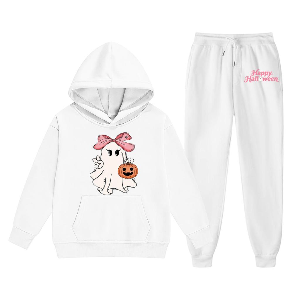 Kids Halloween Hoodie and Pants Set Ghost Print Pullover Hooded Sweatshirt and Elastic Waist Pants Comfortable Fit for Children