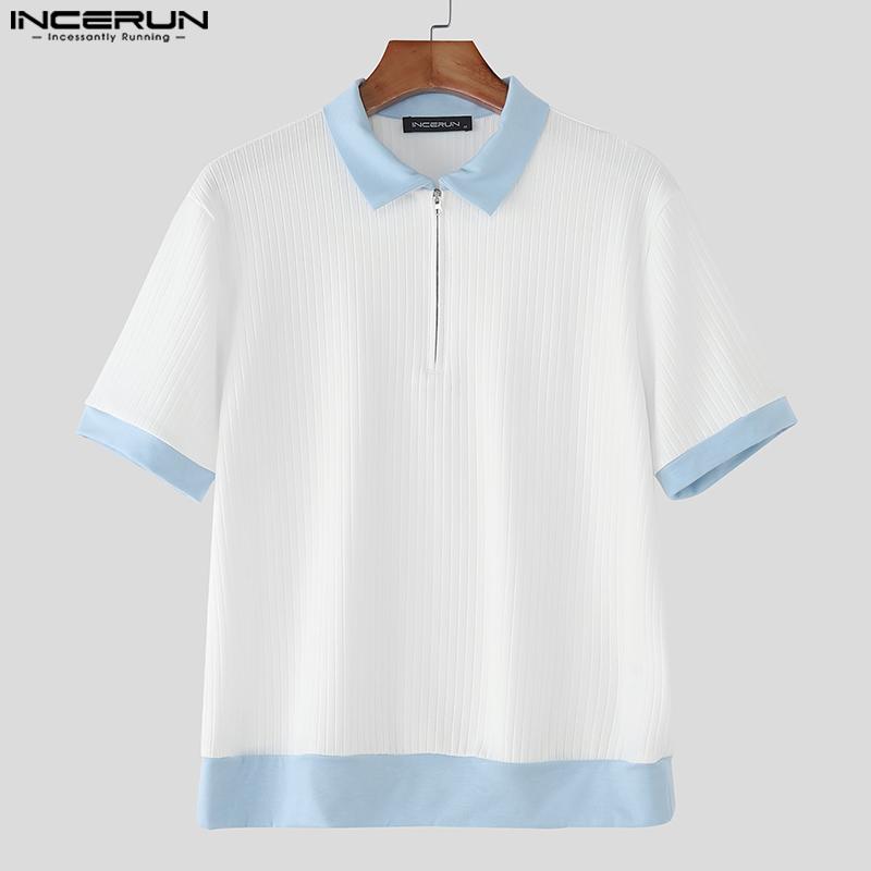 INCERUN Men Lapel Short Sleeve Stitching Casual Office T-shirts Rib Tops