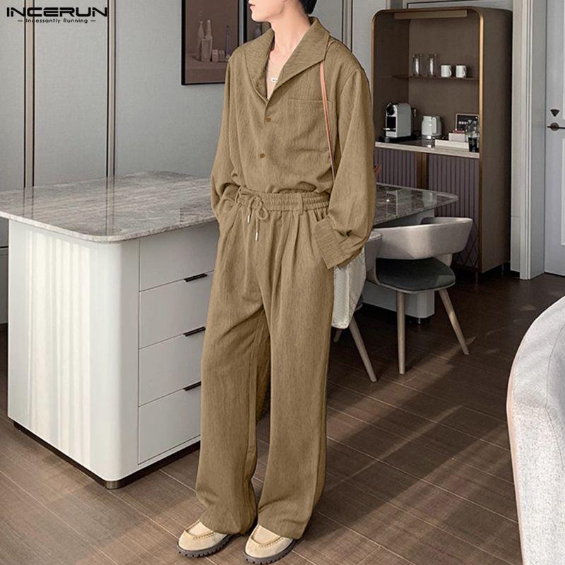 INCERUN 2PCS Men Lapel Neck Long Sleeve Shirts and Elastic Waist Pants Sets Suits