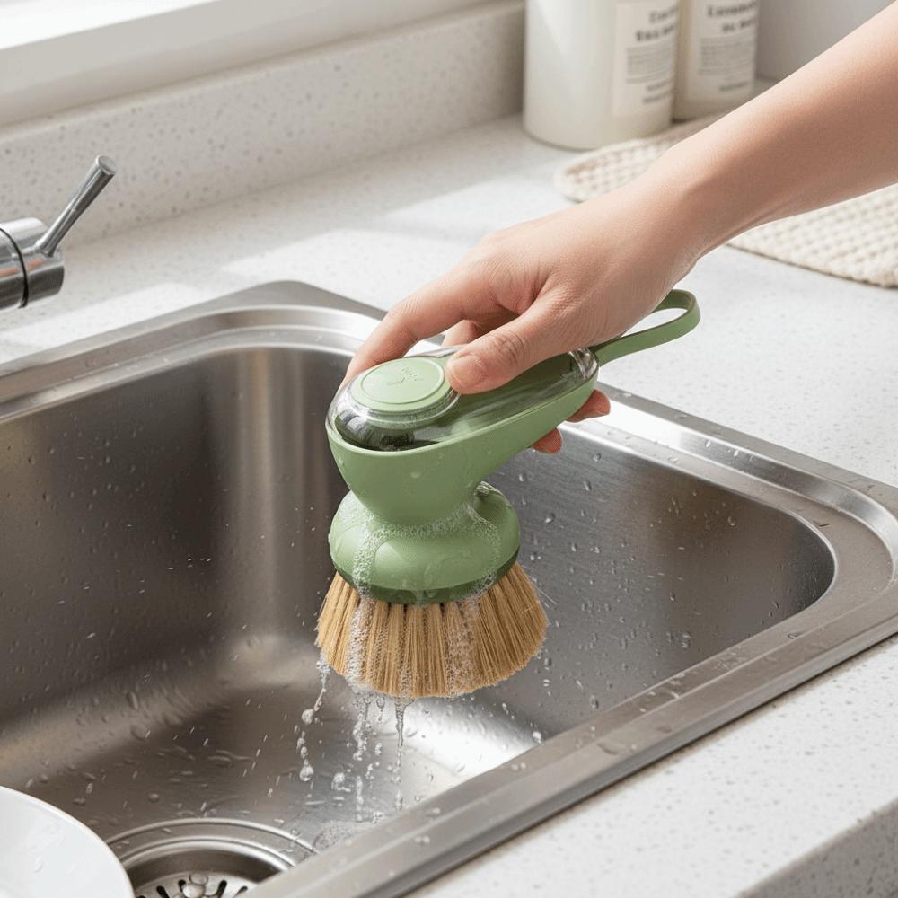 2 Stück/Set Automatischer Flüssigkeitsspender-Topf mit Druckknopf und Bürste Effizienter Küchenschwamm Geschirrreinigung