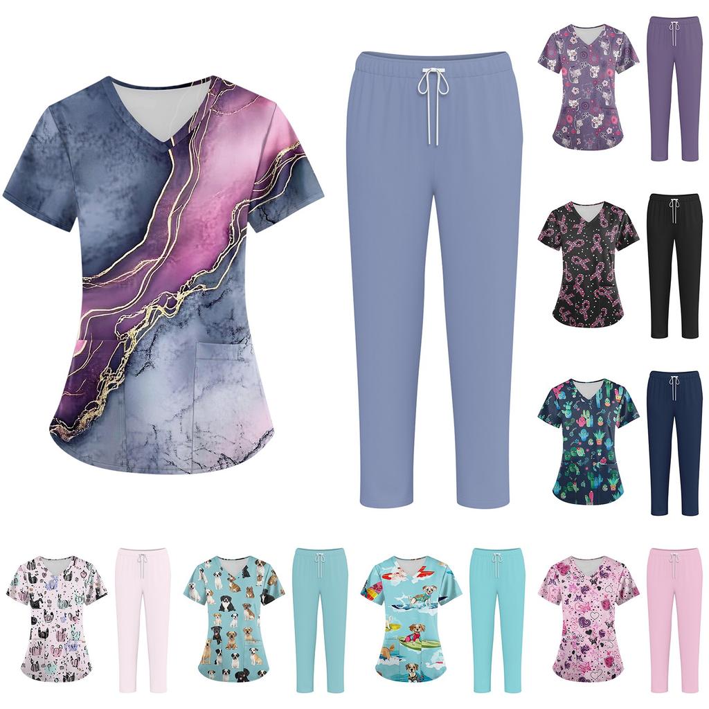 Großgrößen Bedruckte Arbeitsuniform-Oberteile Für Damen mit V-Ausschnitt Halloween-Print Kurzarm Lustige T-Shirts Tee Mit Taschen