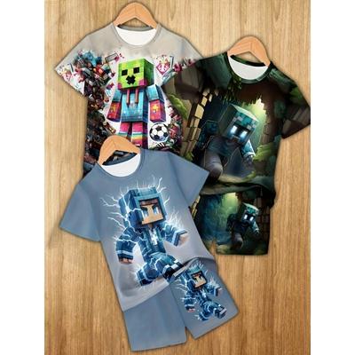 6pcs Boys Suit Fashion 3D Printed Casual Pullover Short Sleeve Shorts T Sweatshirt, Boys Outdoor T-Shirt Shorts Set, for Outdoor