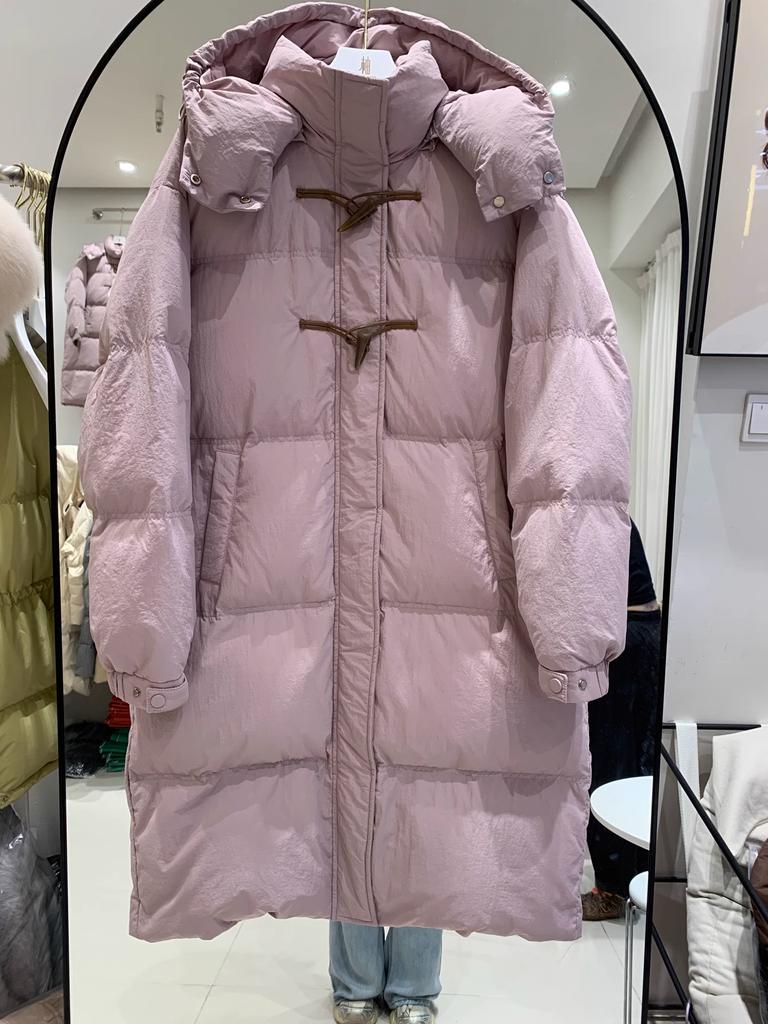 2024 Long Hooded Over Knee Down Jacket Women's Loose Skinny Sweet Fashion College Wind Corner Button Winter Jacket