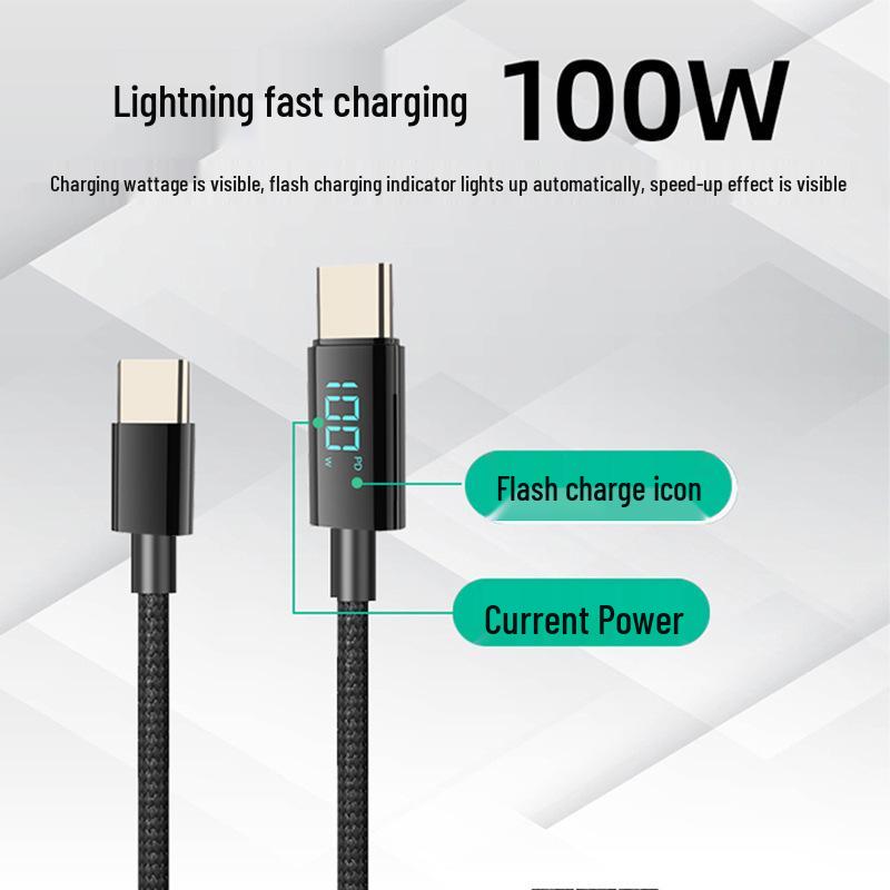 100W Dual Type-C Nylon Braided Fast Charging Cable with Digital Display for Android, Huawei, and Apple Devices.