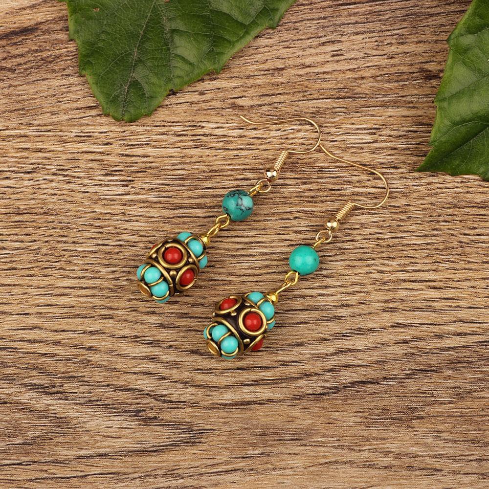 

Винтажные непальские инкрустированные серьги в экзотическом стиле с простым дизайном ручной работы, серьги в этническом тибетском стиле, ювелирные изделия, подарок