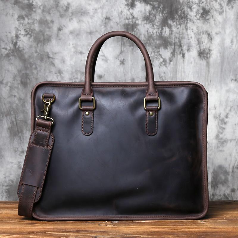 NZPJ Vintage Genuine Leather Men's Briefcase Natural Cowhide Handbag Crossbody Leisure Commuting Computer Bag for Men