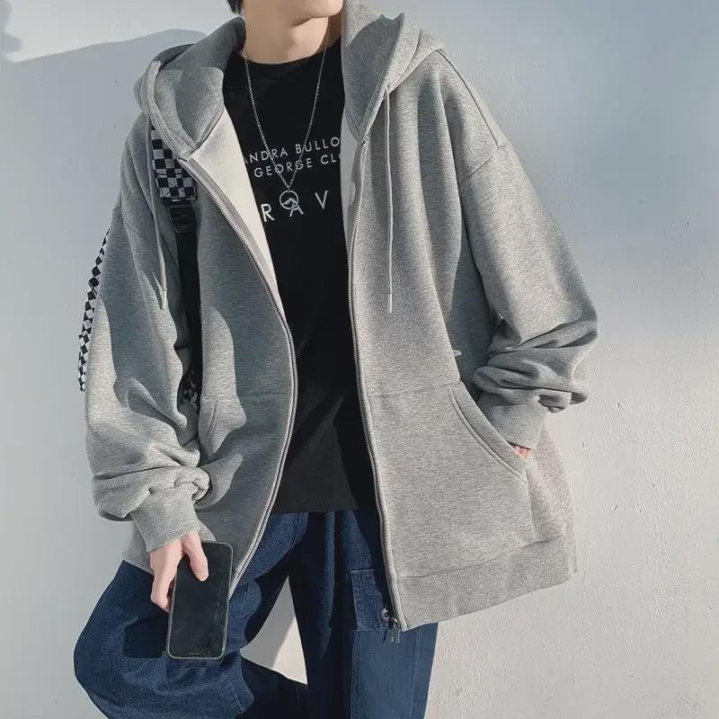 Men's Hong Kong Fashion Zip-Up Cardigan: Loose Hooded Jacket, Trendy Autumn Solid Color Top