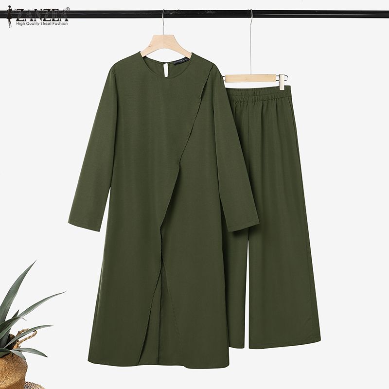 ZANZEA Women Slit Hem Long Blouse with Long Pants Elegant Casual Long Sleeve Two Piece Suit Sets