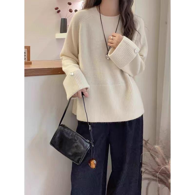 Französischer Rollkanten-Kuscheliger Herbst-Winter-Rundhals-Damenpullover - Weiche Strick-Innenschicht