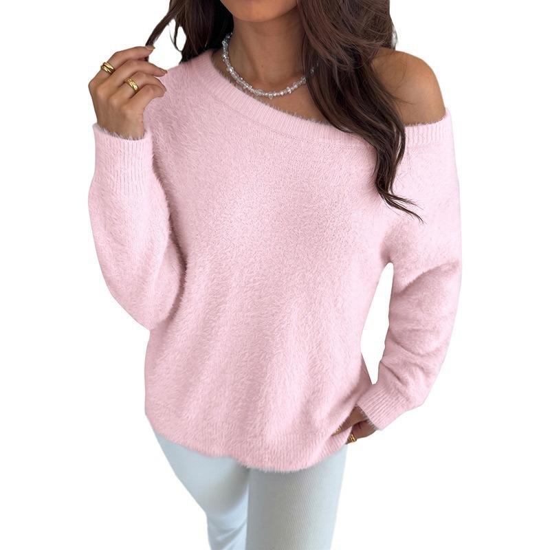 Women S Pink Faux Mink Round Neck Long Sleeve Loose Sweater