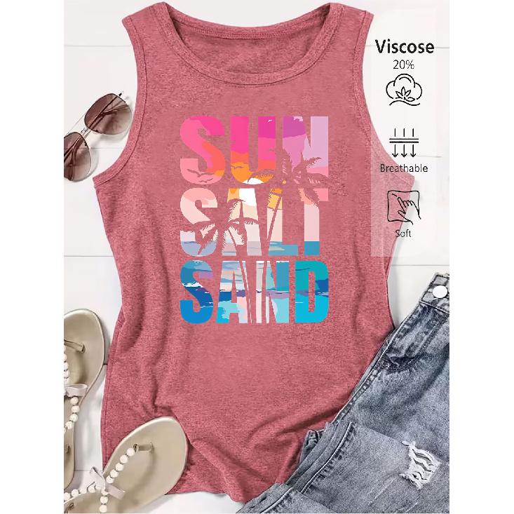 2026 Trendy SUN SALT SAND Beach Sunset Print Women Sleeveless Vest High Quality Casual Summer Tank Top