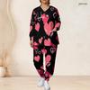 Women Plus Size Black Pink Heart Printed Nurse Scrub Set V Neck Long Sleeve Top With Pocket Long Pants