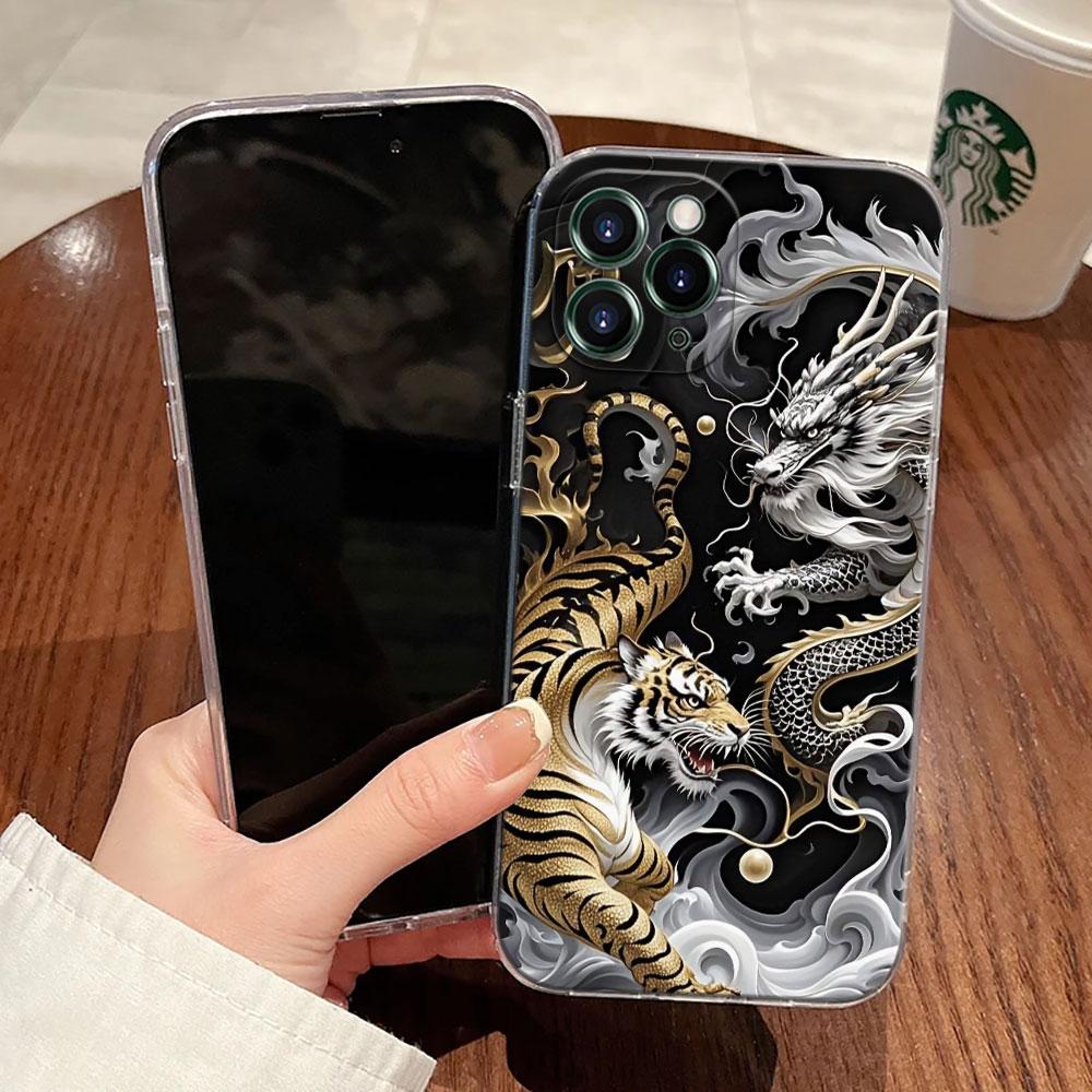 Cute Black White Dragon Transparent Case For Apple iPhone 17 16 15 14 13 12 11 Pro Max 16 Plus 16E 17Air 17Pro Phone Cover Funda