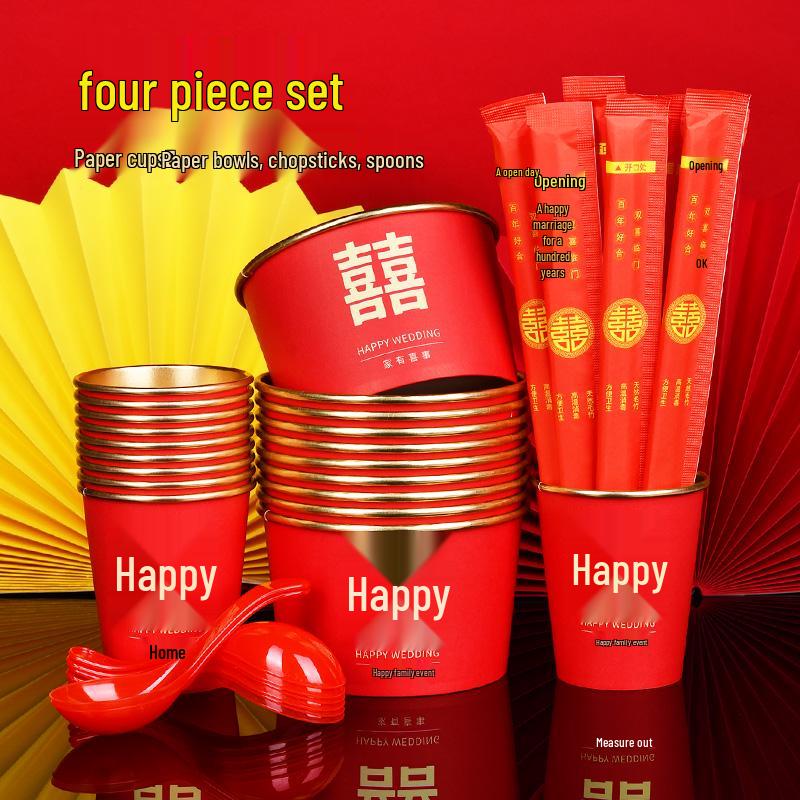 Disposable Gold Foil Wedding Tea Cups: Thickened Red Festive Collection