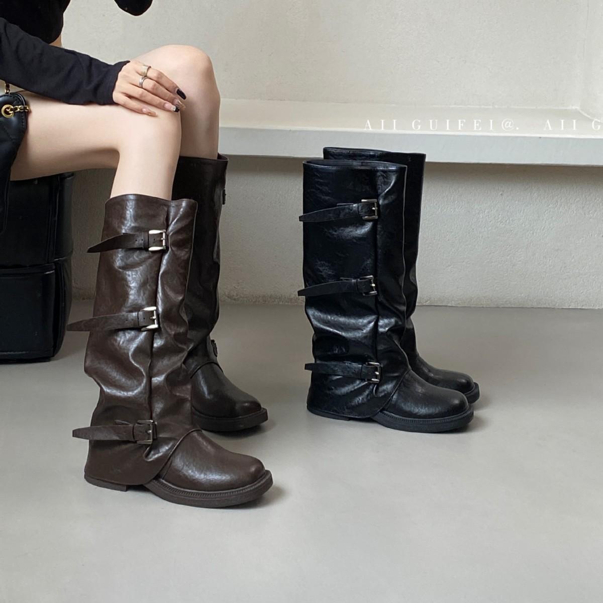 

2025 new autumn and winter round head belt rubber tall tube thin but knee western cowboy women s boots 40 коричневый