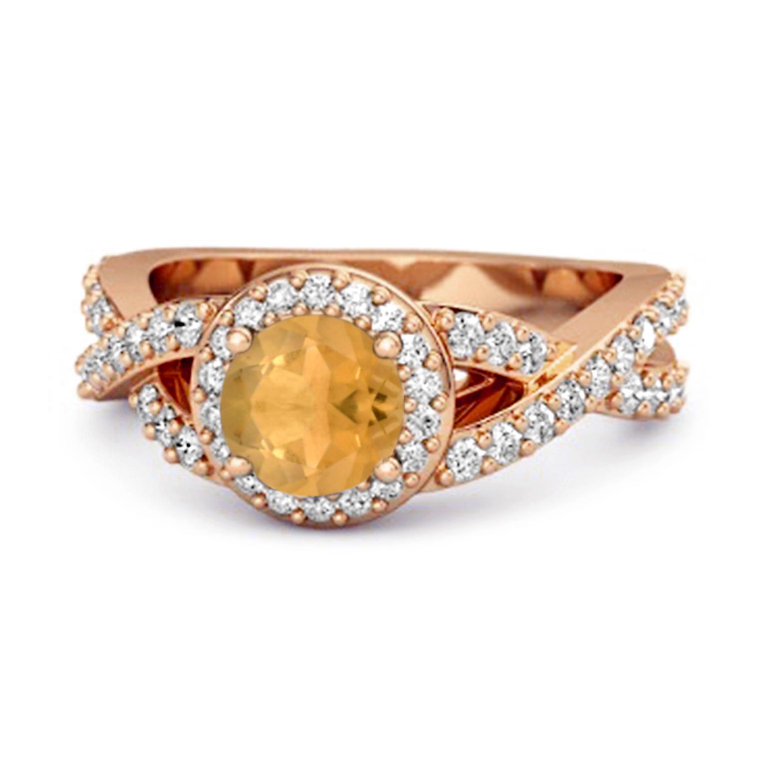 Citrine Halo Accents Ring - 925 Sterling Silver Rose Gold Vermeil 6.5