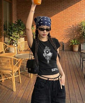 REBRENNER Dtf Cross Flower Cool Cotton Crop Short Sleeve T-Shirt Black