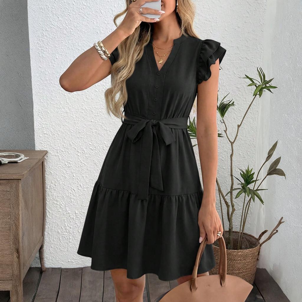 Women's Fashion V-neck Short Sleeve  A- Line Skirt Lace-up Waisted Dress