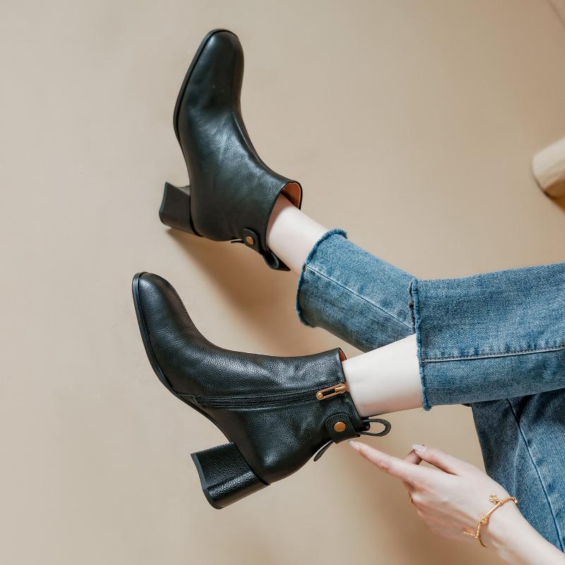 2024 New Boots Women Top Quality Genuine Leather Autumn Winter Boots Female Slip On Chelsea Boots Square High-heel Ankle Boots