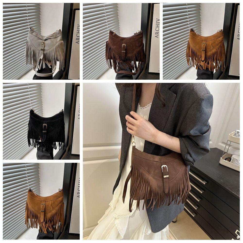 Solid Color Tassel Shoulder Bag Buckle Underarm Packs Sweet Suede Handbag  Travel