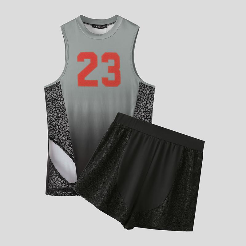 INCERUN Men Sleeveless Gradient Tops Lace Shorts Fitted Outfit Pajamas Underwear Sets