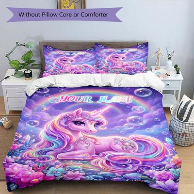 3PC Custom Name Unicorn Dreams Rainbow Land Bedding Set Duvet Cover Closure Includes 1 Duvet Cover & 2 Pillowcases for Bedroom