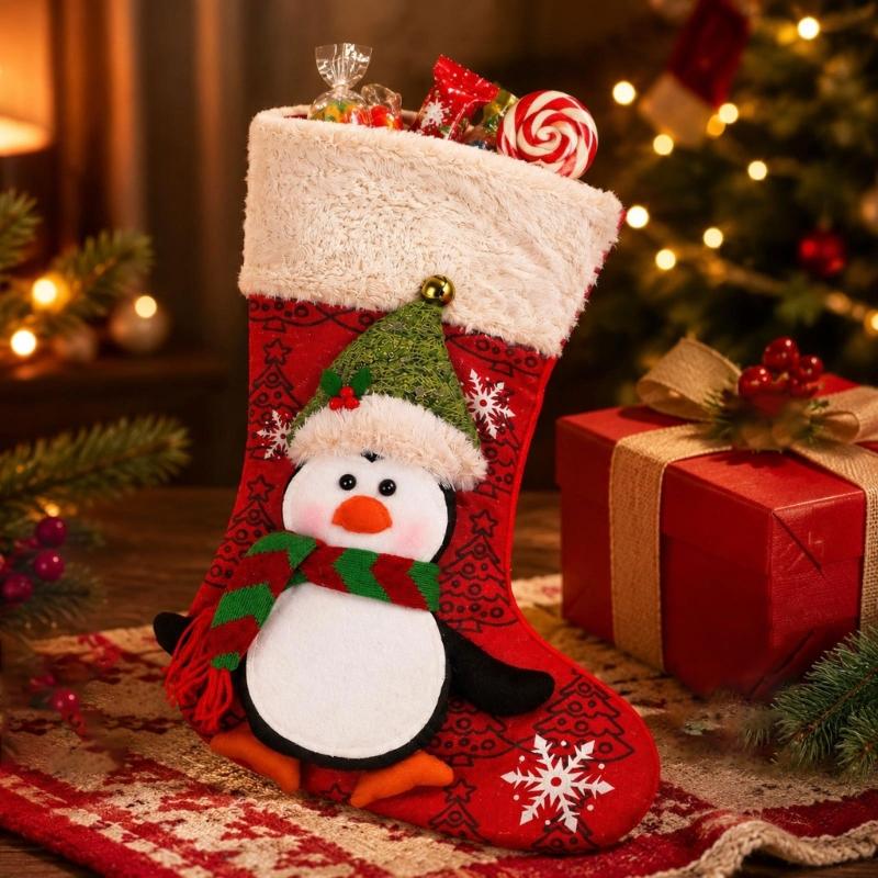 Polyester Christmas Stocking Decoration with Integrated Loop, Raised Holiday Character, Tree Print and Small Bell Feature
