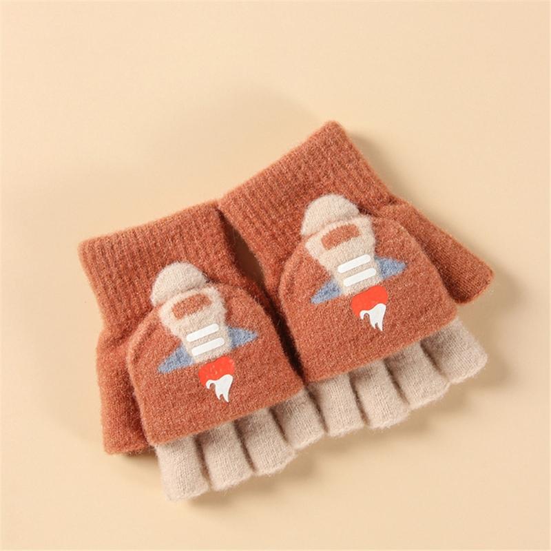 Convertible Gloves Winter Half Finger Mittens Stretchy Knit Fingerless Gloves with Soft Cover for Kids Teens Kawaii