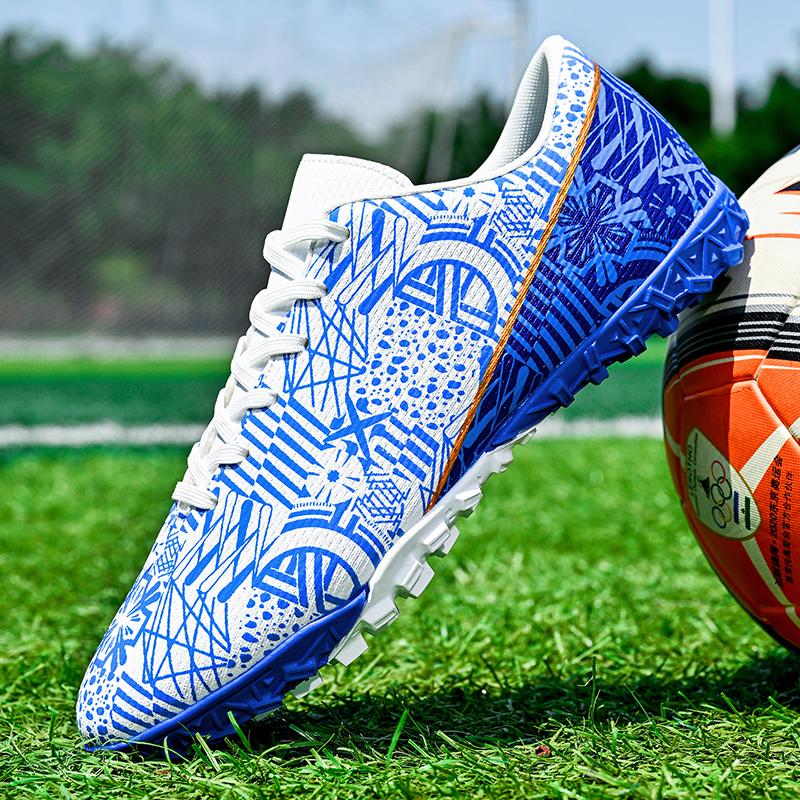 Botas de Fútbol Azul y Blanco para Hombre/Mujer Suela Blanda de Goma Clavo Corto Césped Artificial Zapatos de Fútbol Juvenil