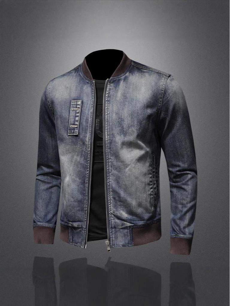 Men's Trendy Retro Stand-up Collar Denim Jacket - Spring & Autumn European Motorcycle Style