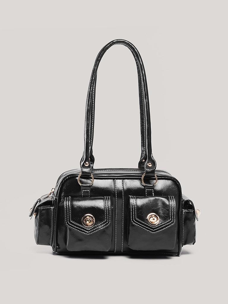 Sweet And Cool Babes Retro Locomotive Bag Women'S Versatile Black Multi-Pocket Handbag Large Capacity Shoulder Boston Bag