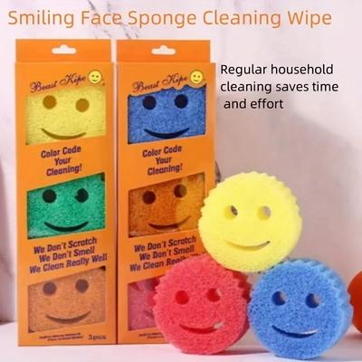 3PCS Esponja de limpieza con cara feliz, esponja de cocina multiusos, esponja de limpieza para baño, estropajo para ollas, artículos de limpieza para el hogar