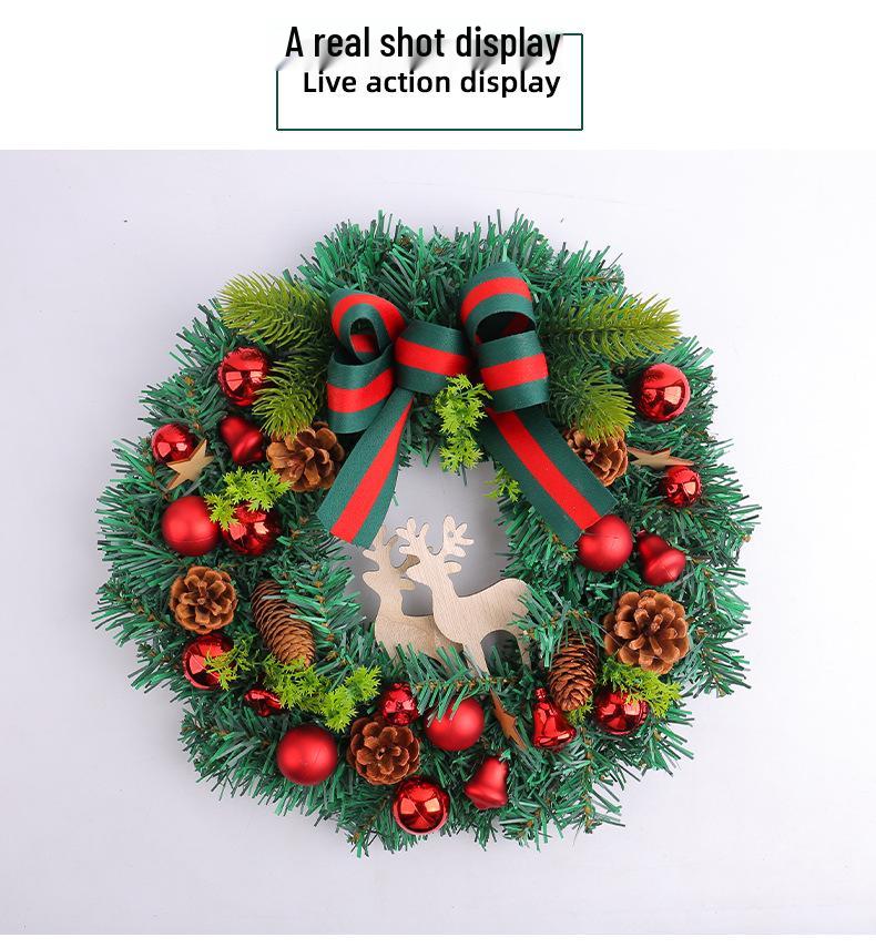 Christmas Pine Needle Reindeer Wreath with Colored Balls and Bow – Wooden Door Hanging Ornament