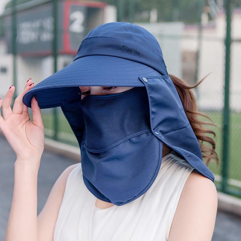 

Women s Foldable Wide Brim Sun Hat with UV Protection and Face Covering for Cycling and Beach Adjustable темно-синий
