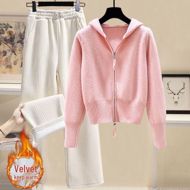 Sweet Autumn & Winter Women's Double Zipper Hooded Knitted Sweater Set