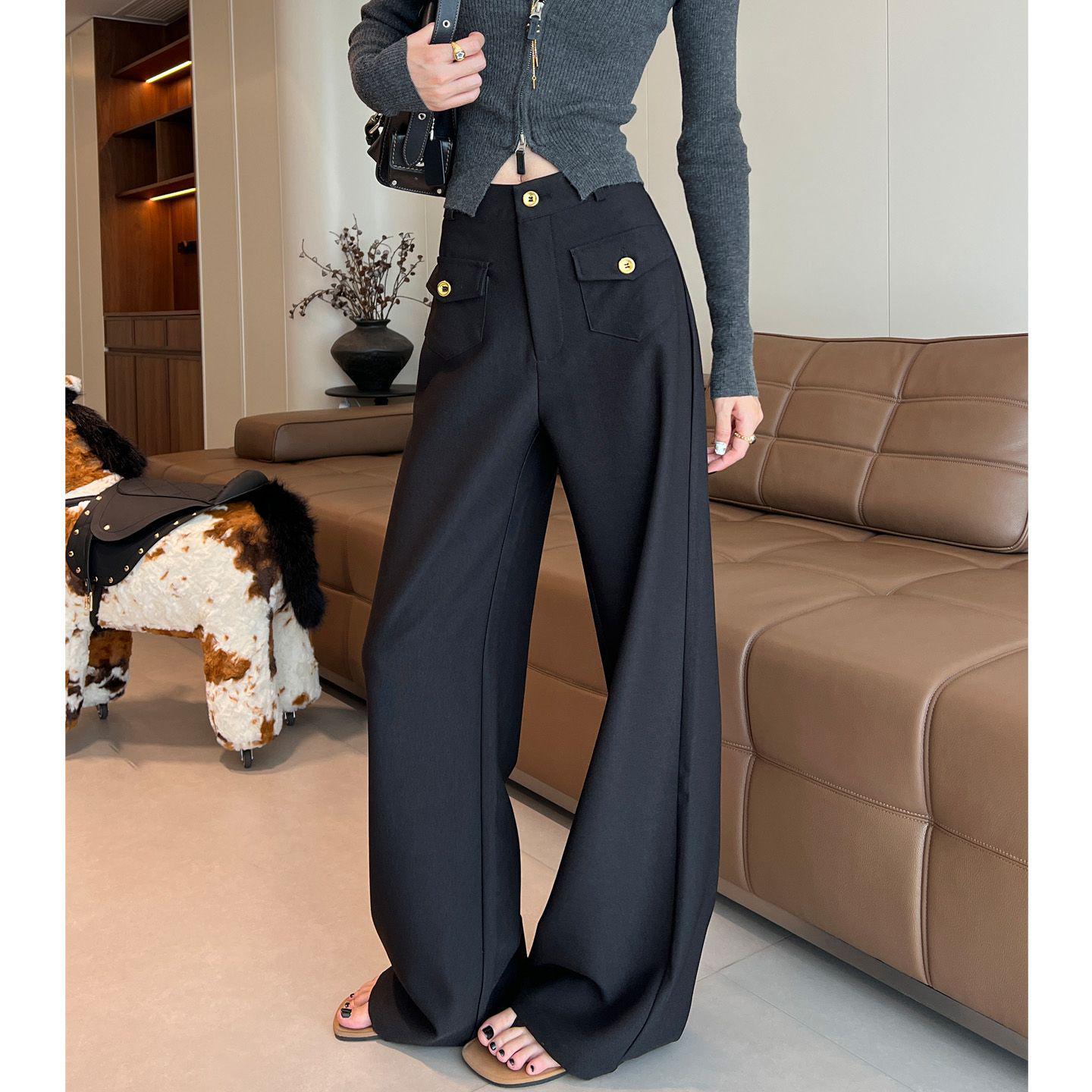 

Women s Black High-Waisted Drapey Wide-Leg Pants for Spring and Autumn – Casual and Relaxed Fit XX-Large