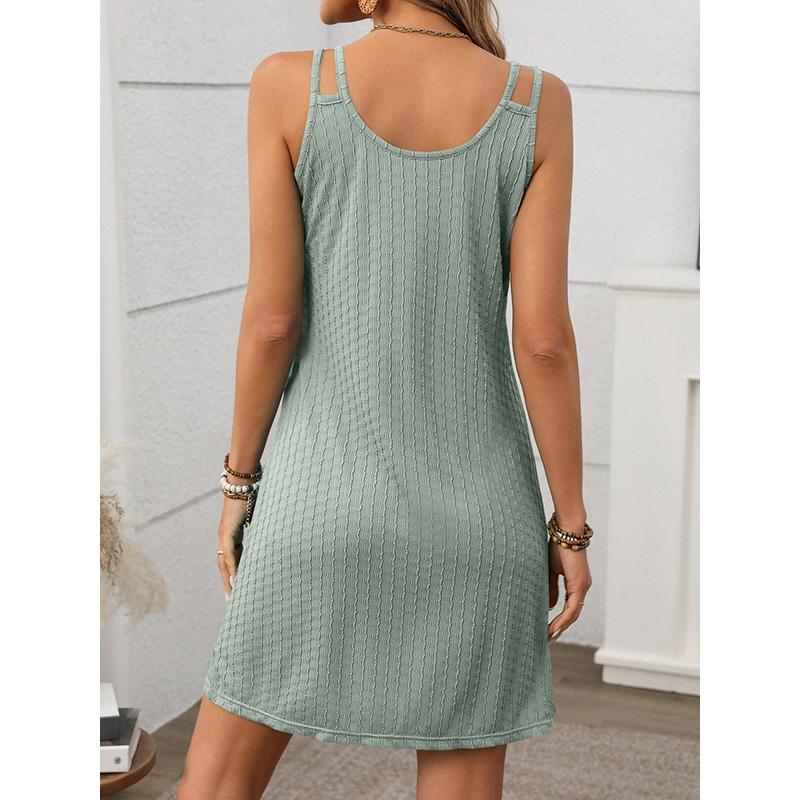 Neues einfarbiges Damenkleid mit Rundhalsausschnitt, Spaghettiträgern, locker und ärmellos