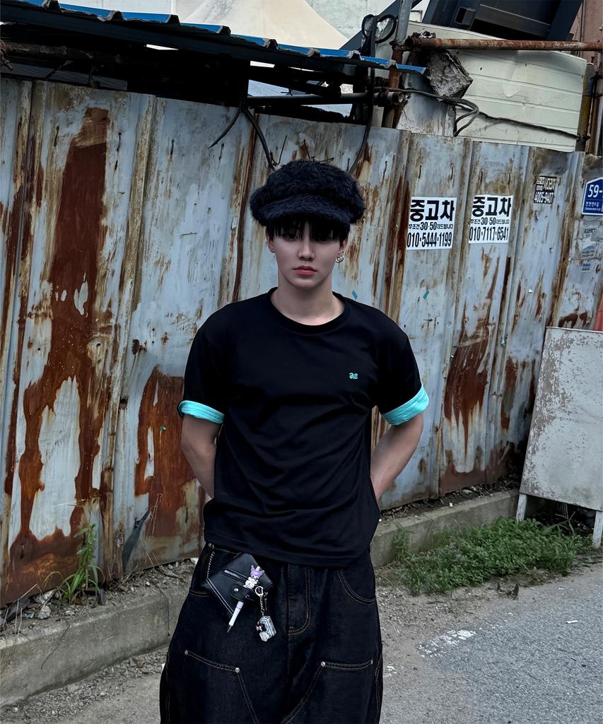 AWESOME STUDIO Color Block Roll-Up Sleeve T-Shirt Black