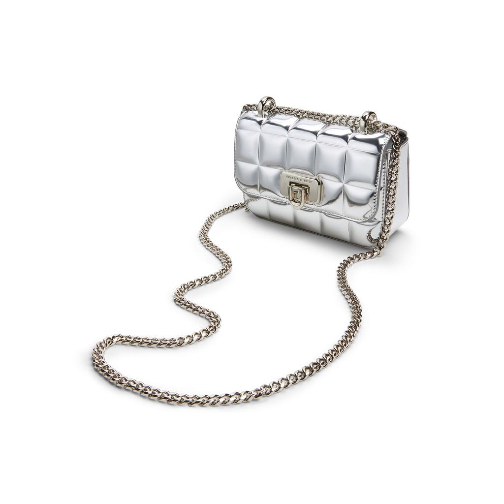 Charles & Keith Evening Party Mirror Checkered Chain Crossbody Bag Small Women bags Black Pink Silver CK2-80681154